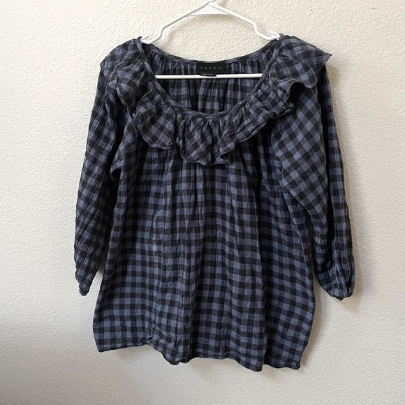 Hatch Tops - HATCH | The Margot Top Black and Blue Ruffle Collar Gingham Maternity  | Size 0